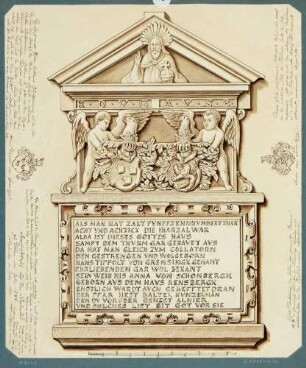 Gedenktafel an den Kirchenbau in Döhlen 1588 mit Inschrift und den Wappen des ersten Kollators (Pfründeeinnehmers) Hans Tippolt von Grensing und seiner Frau Anna von Schönberg