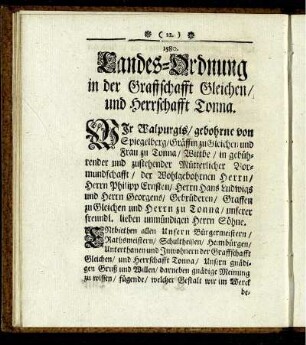 1580. Landes-Ordnung in der Graffschafft Gleichen / und Herrschafft Tonna.