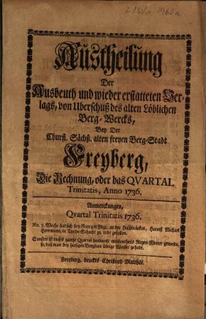 Austheilung Der Ausbeuth und wieder erstatteten Verlags, von Uberschuß des alten Löblichen Berg-Wercks, Bey Der Churfl. Sächß. alten freyen Berg-Stadt Freyberg : Die Rechnung, oder das Qvartal Trinitatis, Anno 1736