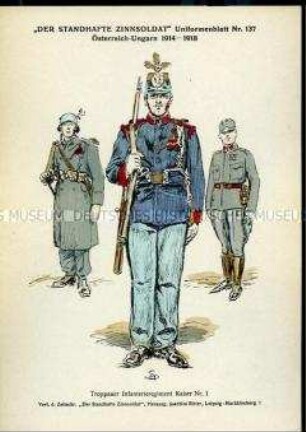 Uniformdarstellung, Soldaten des Troppauer Infanterie-Regiments "Kaiser" Nr. 1 in Feld-, Parade- und Ausgeh-Uniform, Kaiserreich Österreich, 1914/1918.