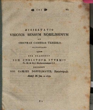 Dissertatio visionis sensum nobilissimum ex obscurae camerae tenebris illustrans