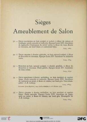 Sièges ameublement de salon (Nr. 71-78) mit Planche IX-X