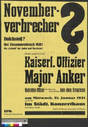 Plakat der SPD für eine Parteiveranstaltung am 21. Januar 1931 in Braunschweig