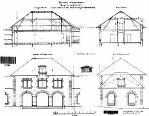 Weikersheim: Empfangsgebäude Verwaltungsgebäude Längs- Querschnitt,Giebel- Längsansicht