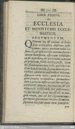 Liber Primus. De Ecclesia Et Ministeriis Ecclesiasticis