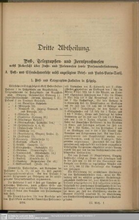 Dritte Abtheilung. Post-, Telegraphen- und Fernsprechwesen ...