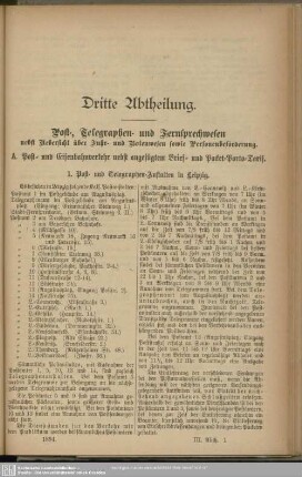 Dritte Abtheilung. Post-, Telegraphen- und Fernsprechwesen ...