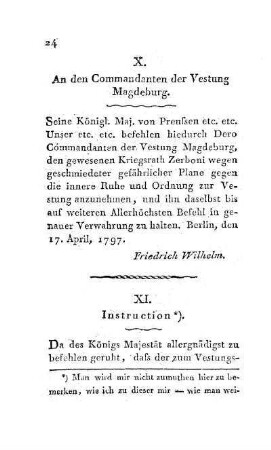 X. An den Commandanten der Vestung Magdeburg