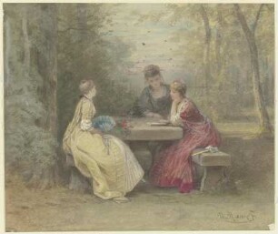 Vorlesung im Park, drei junge Damen in Watteau'schem Kostüm um einen Steintisch sitzend (Laube am Sandhof bei Niederrad)