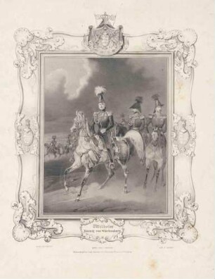 König Wilhelm I. von Württemberg in Uniform, Mütze und Orden, zu Pferd reitend vor nachfolgenden Offizieren