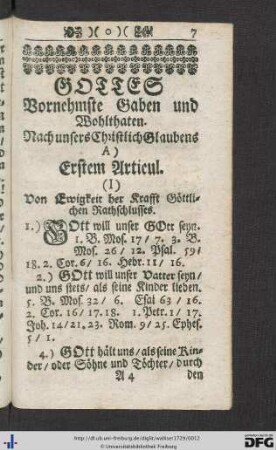 Gottes vornehmste Gaben und Wolthaten. Nach unsers Christlich Glaubens A.) Erstem Articul.