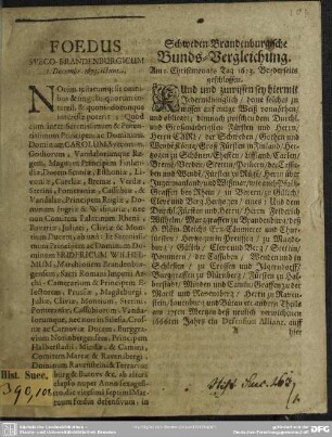 Foedus Sueco-Brandenburgicum ... : 1. Dec. 1673 ictum