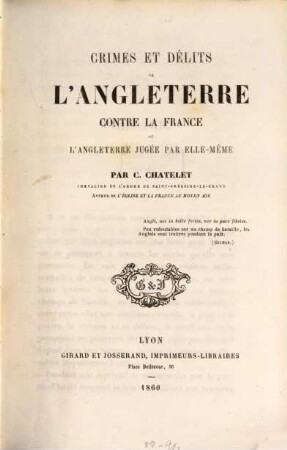 Crimes et délits de l'Angleterre contre la France, ou L'Angleterre jugée par elle-même