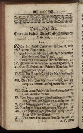 Das 1. Register. Derer in diesem Wercke abgehandelten Materien.