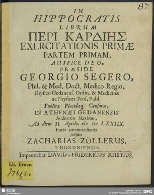 1,1: In Hippocratis Librum Peri Kardis Exercitationis ...