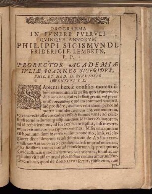 Programma In Funere Pueruli Quinque Annorum Philippi Sigismundi, Friderici F. Lembken [...]