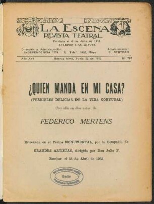 ¿Quién manda en mi casa? : (terribles delicias de la vida conyugal) ; comedia en dos actos