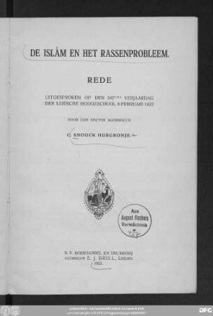 De Islâm en het rassenprobleem : rede, uitgesproken op den 347sten verjaardag der Leidsche Hoofeschool 8 februari 1922