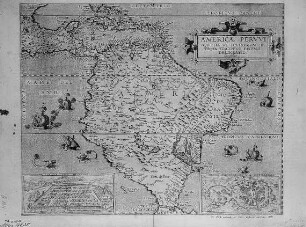 Karte von Südamerika "Americas Peruviaque ita ut postremare dedecta traditum recans delineatio" mit Stadtansicht von Cusco und Mexiko