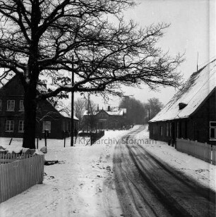 Dorfstraße: links Zaun und Baum: rechts und links an der Straße Bauernhäuser mit Gärten: Winter