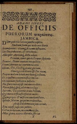 Adami Siberi De Officiis Puerorum [...] Jambica.