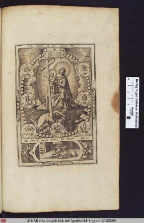 Maria und Christus mit dem Kreuz, umgeben von Mariensymbolen, darunter eine Kartusche mit der Darstellung Jaëls, die Sisera tötet.
