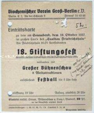 Eintrittskarte zum Stiftungsfest des Biochemischen Vereins Groß-Berlin