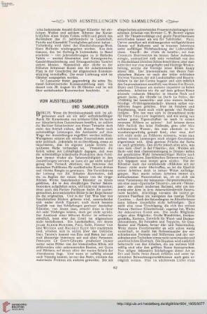 Von Ausstellungen und Sammlungen - Personal- und Atelier-Nachrichten - Denkmäler - Vermischtes - Neue Kunstliteratur