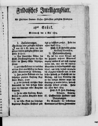 18tes Stück, Ausgabe vom 2. Mai 1804