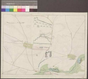 Namslau; "Manöver"; ohne Verfasser; ohne Maßstab; 43 x 55 cm; Kartenrand: Krickau-Obischau; Deutsch-Marckwitz; Namslau; Jauchendorf; Papier; Wasserfarben und Schraffen; Siedlungen, Wälder und Talauen besonders hervorgehoben; Truppenstellungen.