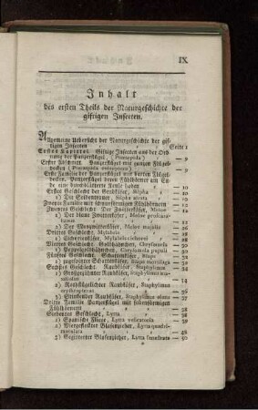Inhalt des ersten Theils der Naturgeschichte der giftigen Insecten.