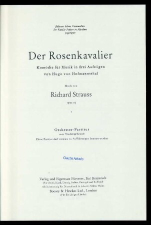 Der Rosenkavalier : Komödie für Musik in drei Aufzügen von Hugo von Hofmannsthal : opus 59