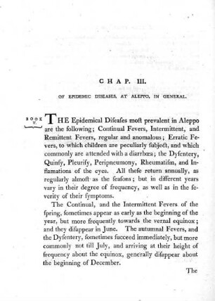 Chap. III. Of epidemic diseases, at Aleppo, in general.
