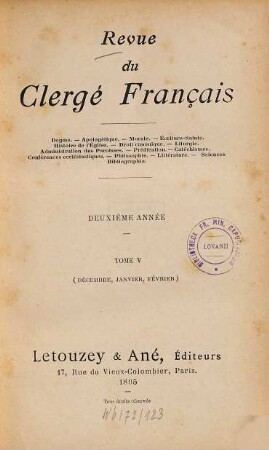Revue du clergé français. 5. 1895 = Année 2