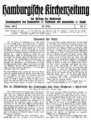 Zur 50. Wiederkehr des Todestages Joh. hinr. Wicherns 7. April 1931