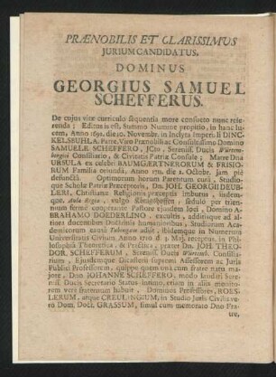 Praenobilis Et Clarissimus Juriumcandidatus, Dominus Georgius Samuel Schefferus