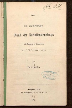 Ueber den gegenwärtigen Stand der Kanalisationsfrage mit besonderer Beziehung auf Königsberg