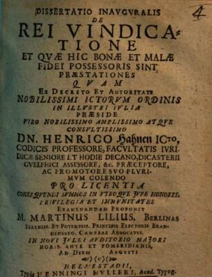 Dissertatio inavgvralis de rei vindicatione et quae hic bonae et malae fidei possessoris sint praestantiones