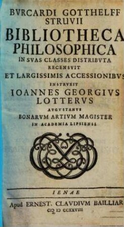 Bvrcardi Gotthelfii Struvii Bibliotheca philosophica : In Svas Classes Distribvta