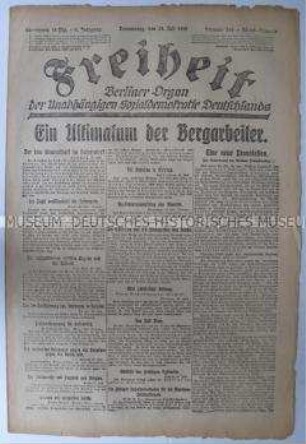 Tageszeitung der USPD Berlin "Freiheit" zum Bergarbeiter-Streik im Ruhrgebiet