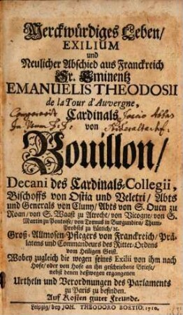 Merkwürdiges Leben Eman. Theodosii, Cardinals von Bouillon