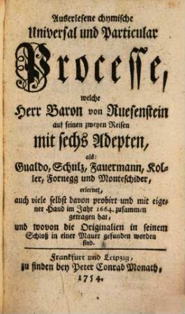 Auserlesene chymische Universal und Particular Processe