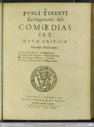 In Publi Terenti Karthaginiensis Afri Comoedias Sex Notae Criticae