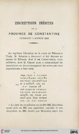 Sér. 4: Inscriptions inédites de la province de Constantine pendant l'année 1906