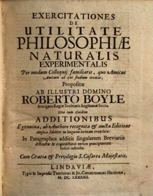 Exercitationes De utilitate Philosophiae Naturalis Experimentalis