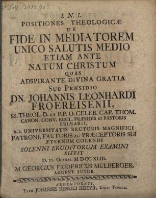 Positiones de fide in mediatorem, unico salutis medio ante natum Christum