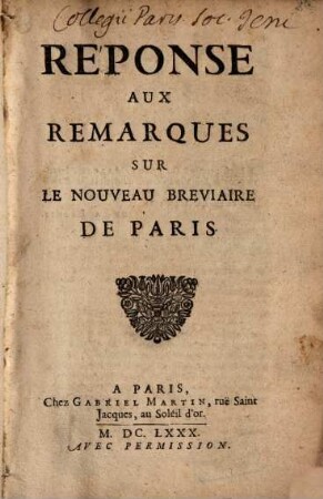 Réponse aux Remarques sur le nouv. Breviaire de Paris