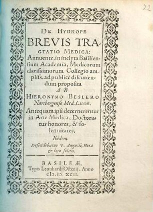 De Hydrope Brevis Tractatio Medica