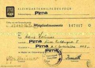 Mitgliedskarte der Kleingartenhilfe des FDGB