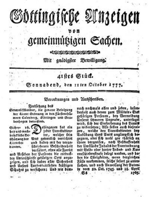 41stes Stück. Sonnabend, den 11ten October 1777.